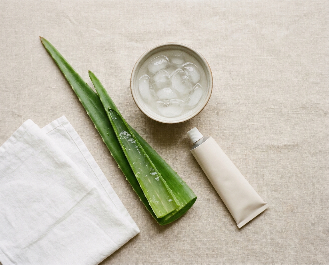 Overhead flat lay on linen surface with a split aloe vera leaf, bowl of ice water, calamine lotion tube, and white cloth arranged in calm natural composition