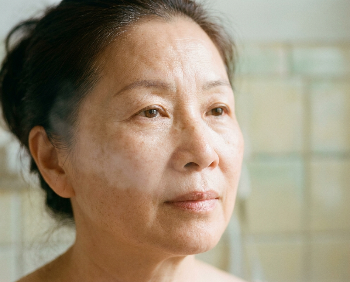 Close-up portrait of a 62-year-old East Asian woman with luminous skin and natural fine lines in soft diffused light