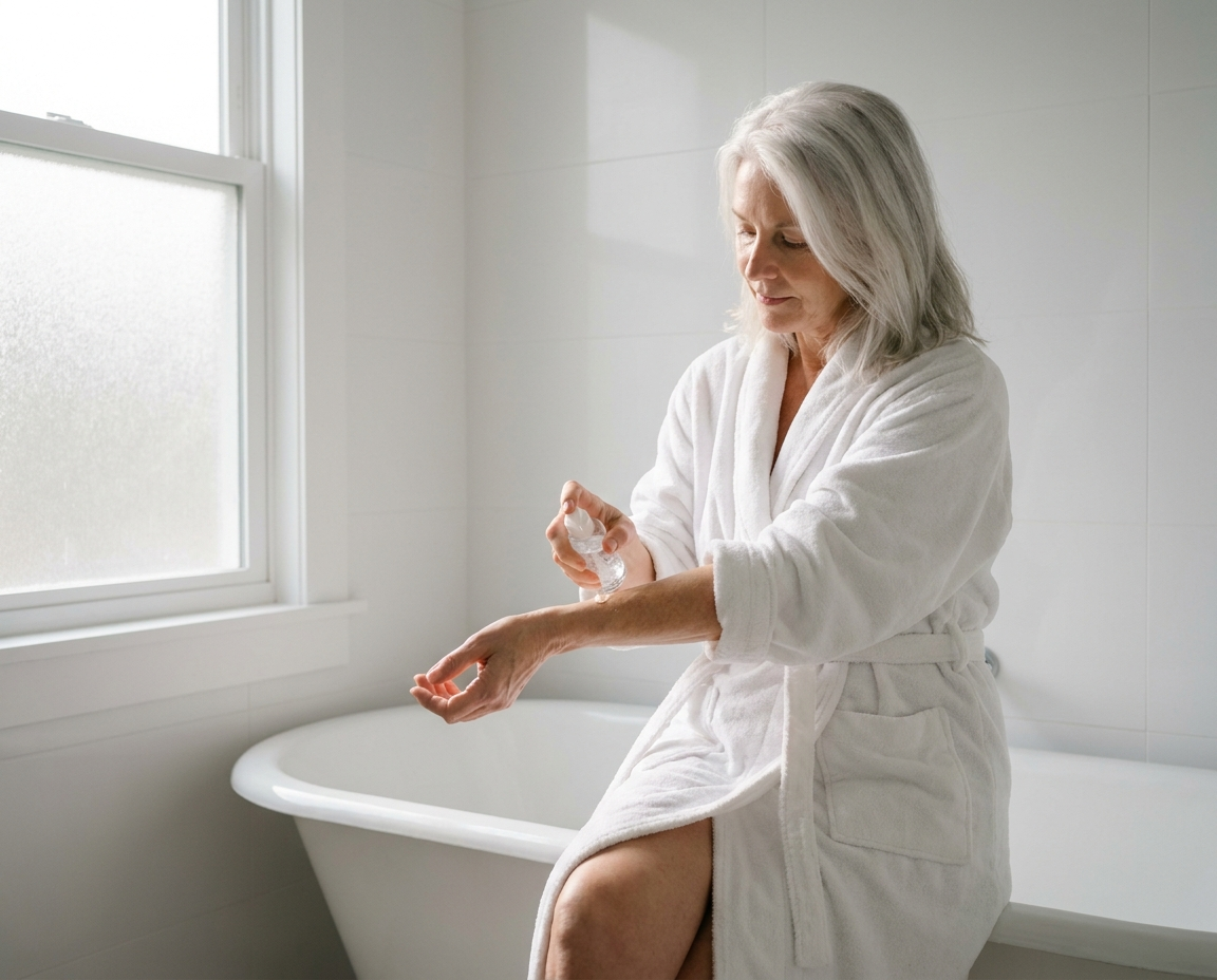 Silver-haired woman in white robe sitting on a freestanding bathtub applying a small amount of gel to her inner forearm as a patch test