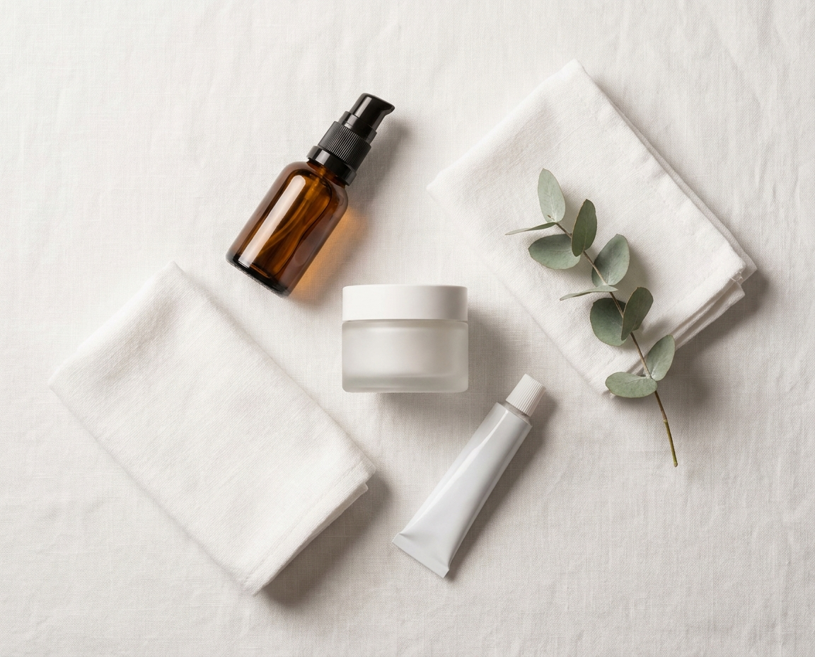 Overhead flat lay of three minimal skincare products on white linen alongside a folded facecloth and eucalyptus sprig