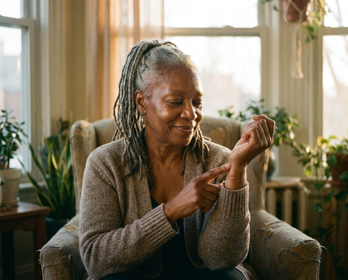 65-year-old Black woman with natural gray locs touching her fingertip to her wrist near a window in warm afternoon light