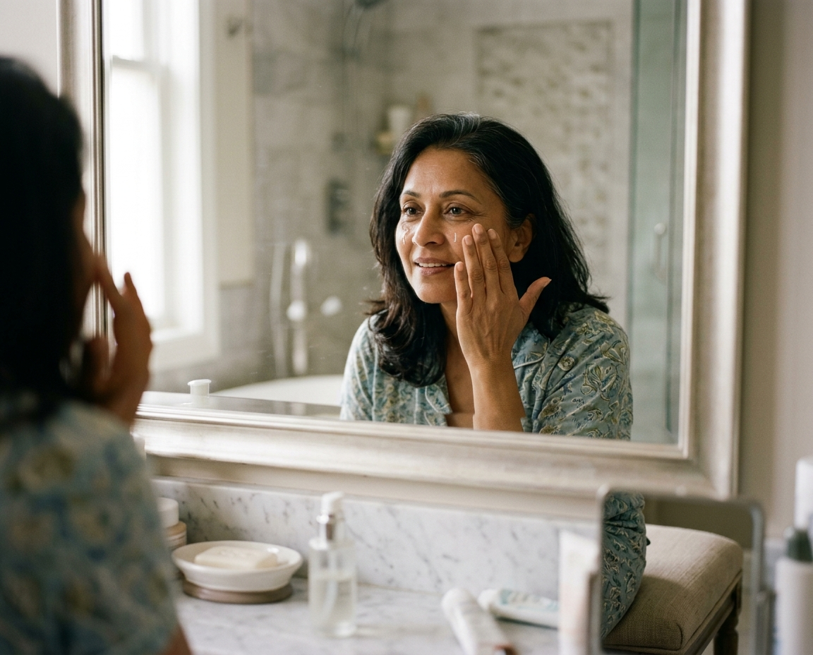 South Asian woman in her early 50s applying serum at a bathroom vanity