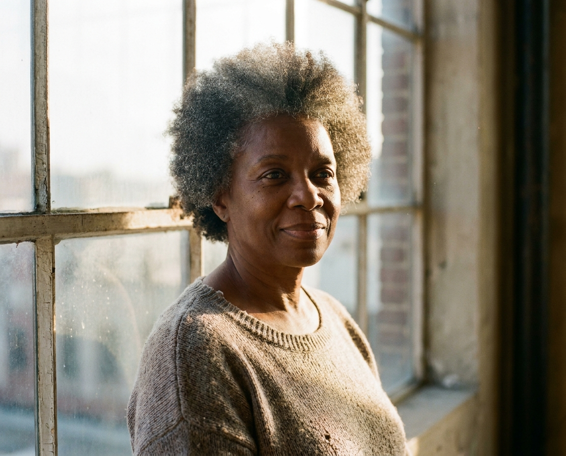 Black woman in her early 60s with silver-streaked hair in warm afternoon window light