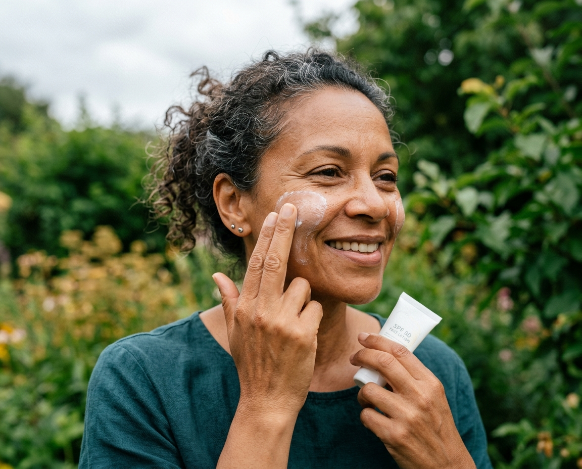 Mixed-race woman in her mid-50s applying SPF outdoors with a slight smile