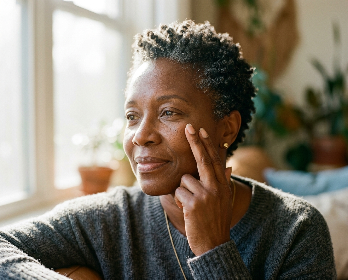 Woman applying skincare cream near window