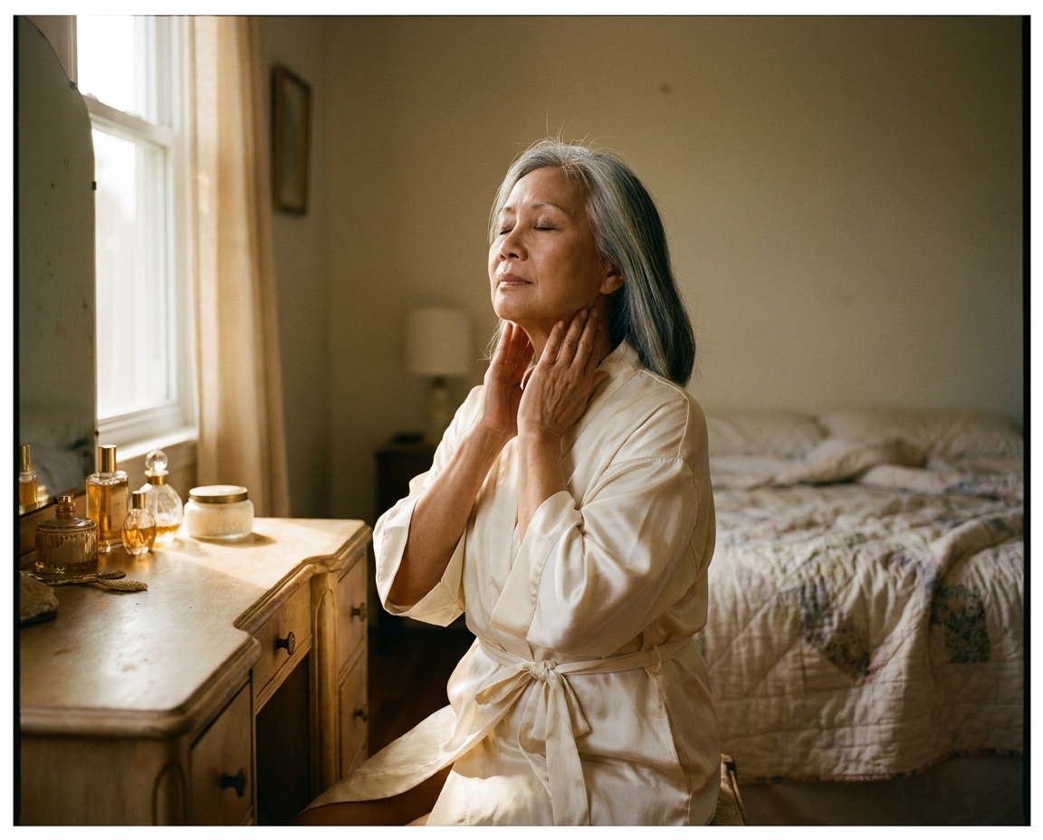 Southeast Asian woman in her early 60s at a vanity mirror in a softly lit bedroom, pressing palms to her neck in a morning skincare routine