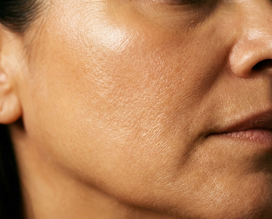 Extreme close-up of luminous glowing skin texture on the cheekbone of a Latina woman in her mid-50s, side-lit editorial photography