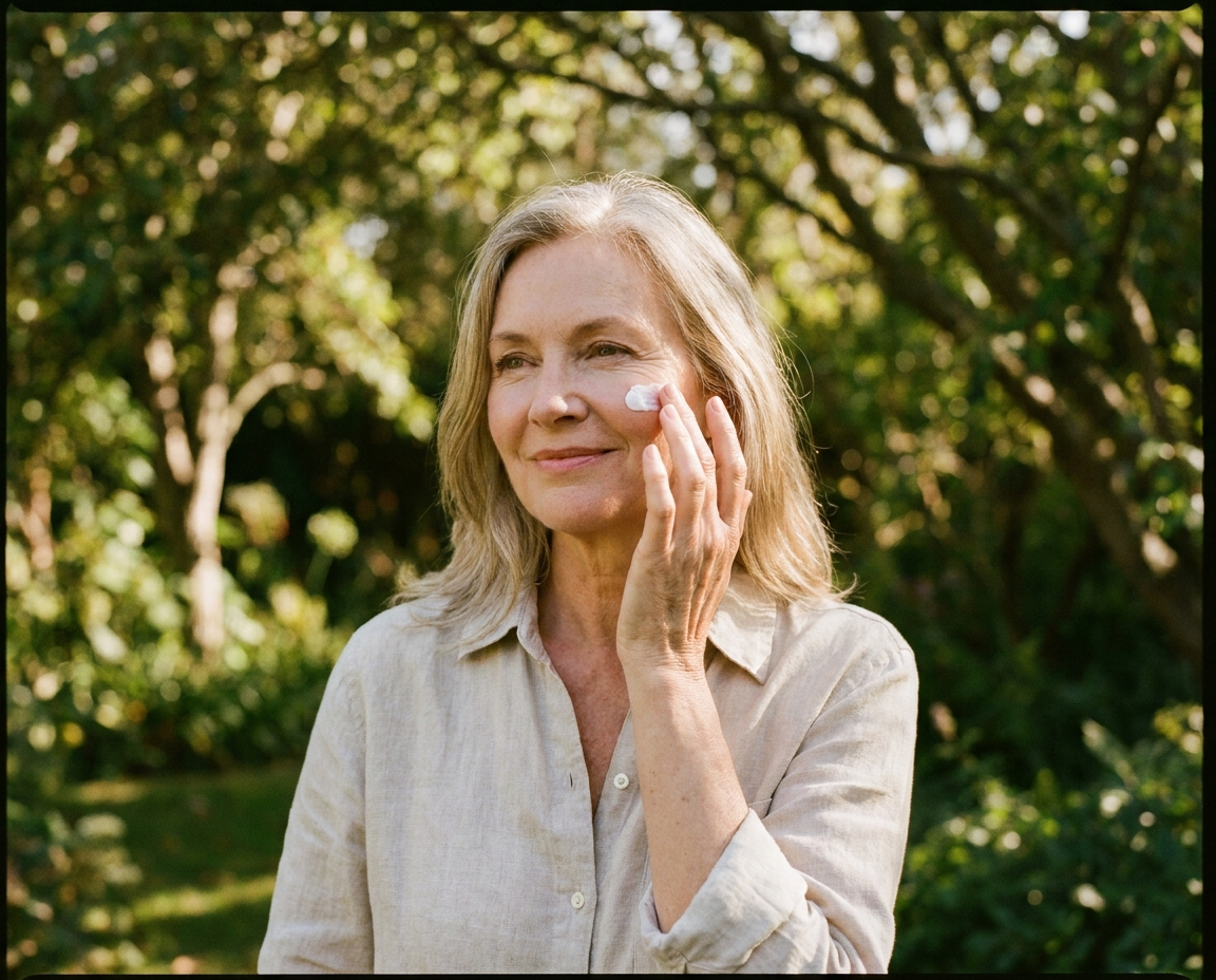 White woman in her early 60s outdoors in a sunlit garden, dappled light, applying cream to her cheekbone with calm confidence