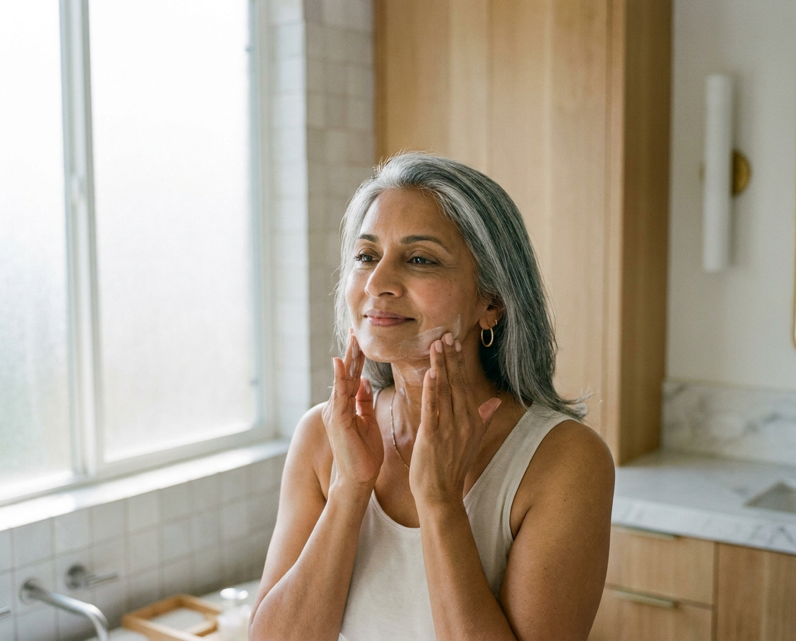 South Asian woman in her late 50s in a bright bathroom, patting moisturizer into her jaw and neck in soft morning window light