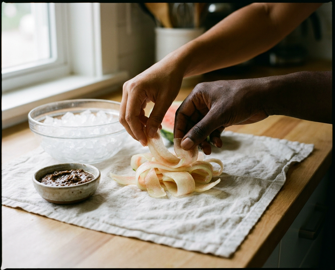 Two pairs of hands with different skin tones arranging watermelon rind slices on a linen cloth beside a bowl of ice