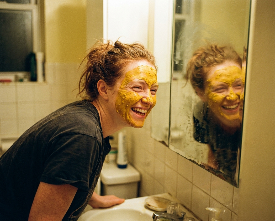Woman in her late 40s with fair freckled skin and auburn hair wearing a golden turmeric face mask, laughing at her reflection in a bathroom mirror