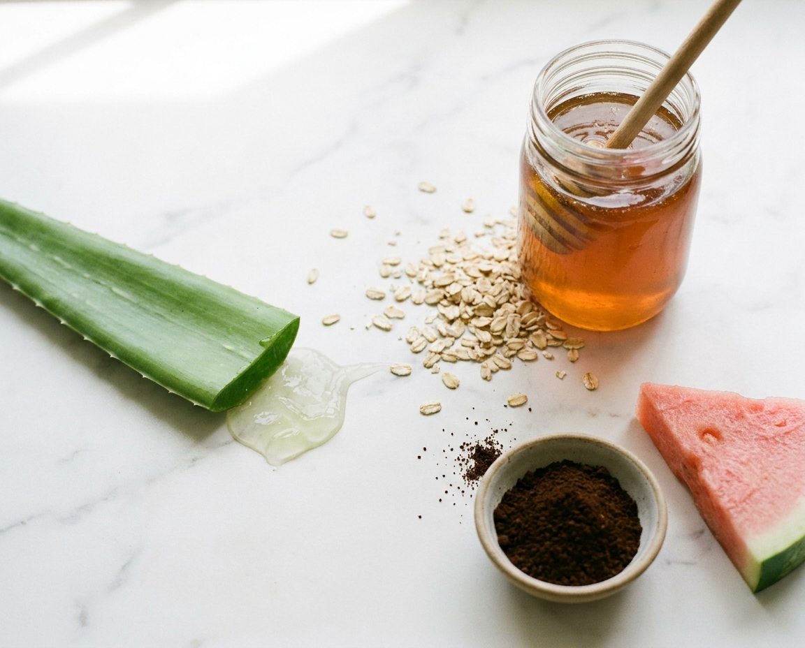 Flat lay of summer DIY skincare ingredients on white marble: aloe leaf, raw honey jar, rolled oats, ground coffee, and watermelon wedge