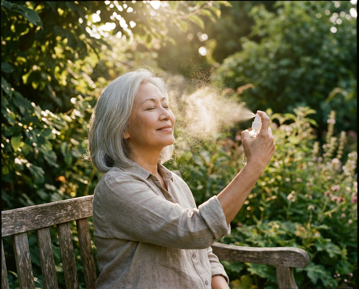 Woman in her early 60s with silver hair and Southeast Asian features misting her face with a spray bottle in a sunny garden