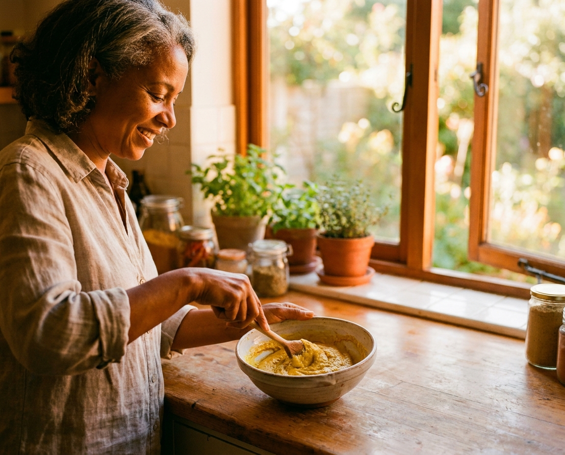 Woman stirring batter in sunlit kitchen