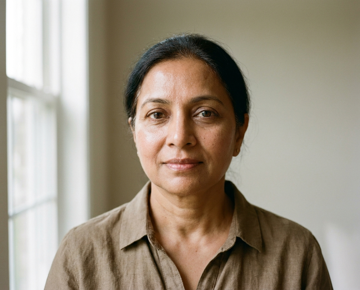 Close-up of a South Asian woman in her late 50s looking directly into camera, healthy radiant skin texture in soft morning light
