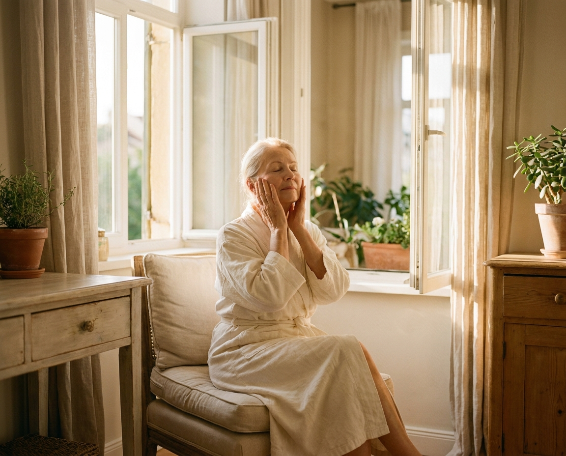 Wide shot of a white woman in her early 60s seated by a bright window, palms gently pressed to her cheeks, warm natural backlight