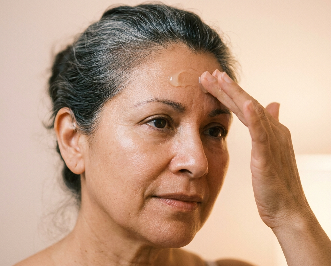 Close-up of a Latina woman in her mid 50s applying serum to her forehead with two fingers, skin catching warm indoor light