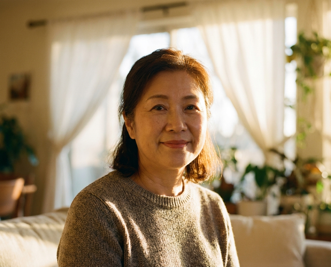 Portrait of an East Asian woman in her late 50s smiling softly, luminous complexion backlit by afternoon sun through sheer curtains