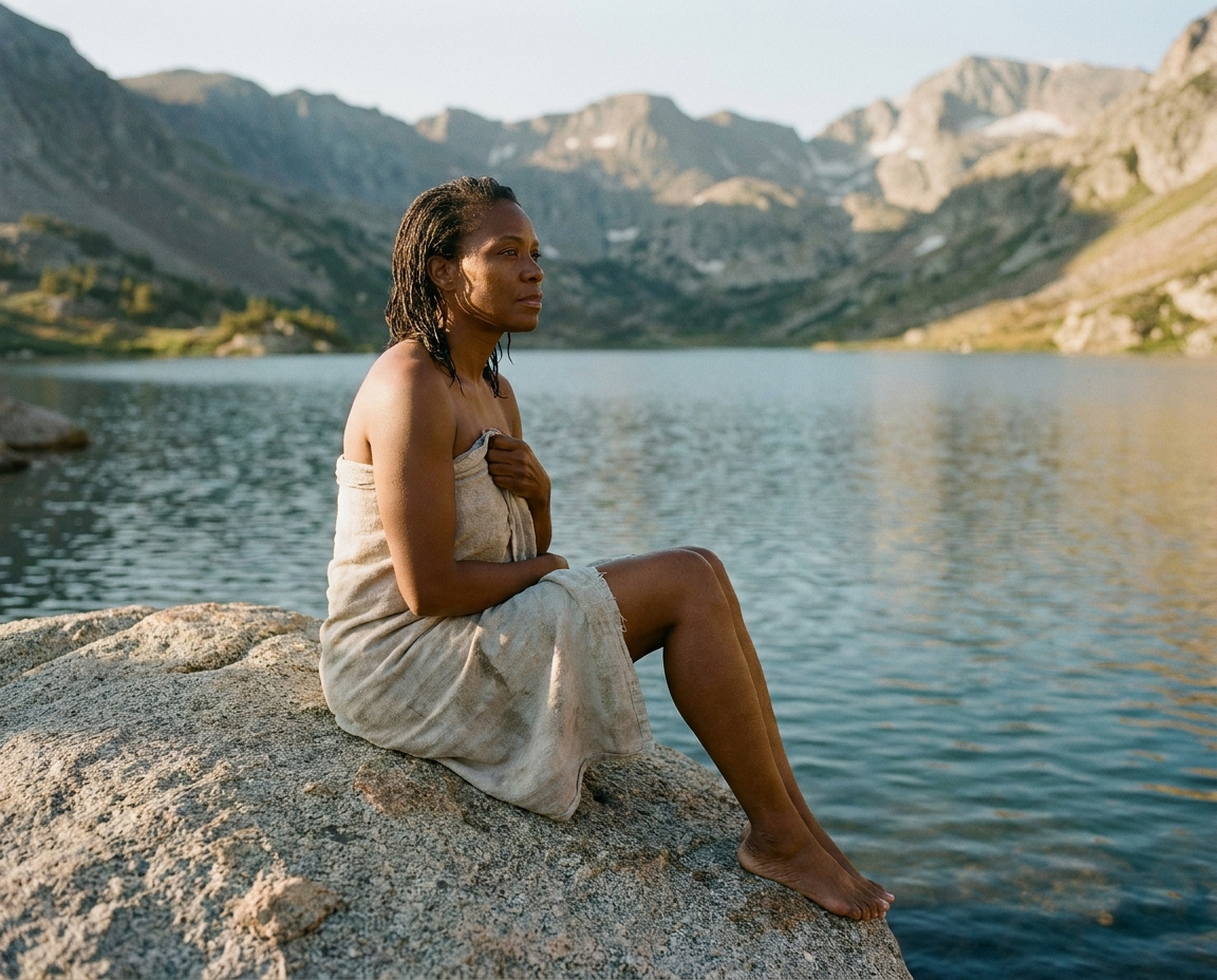 A Black woman in her late 40s sitting on a granite boulder at a mountain lake edge, wrapped in a linen towel, looking across the water
