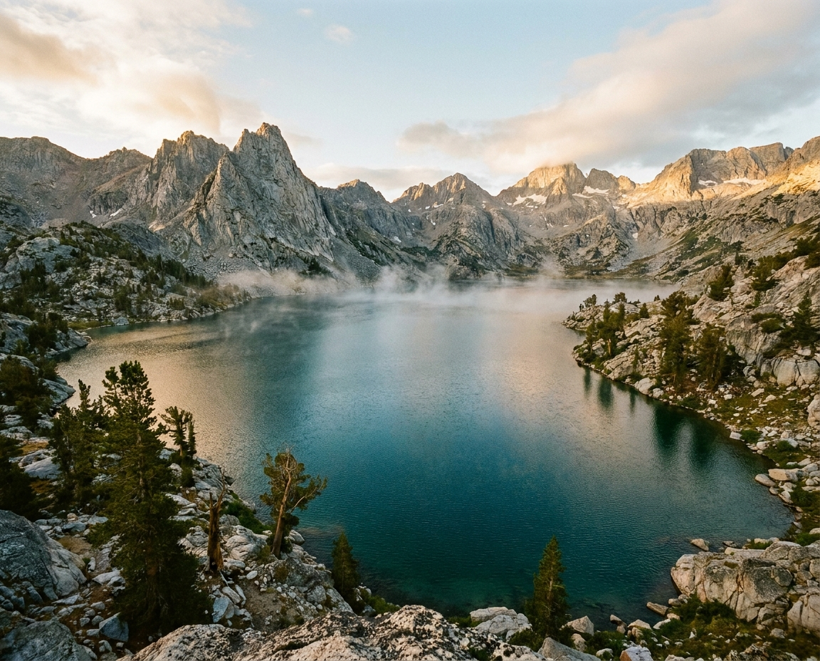 Wide landscape shot of a high alpine lake with jagged peaks and morning mist, no people