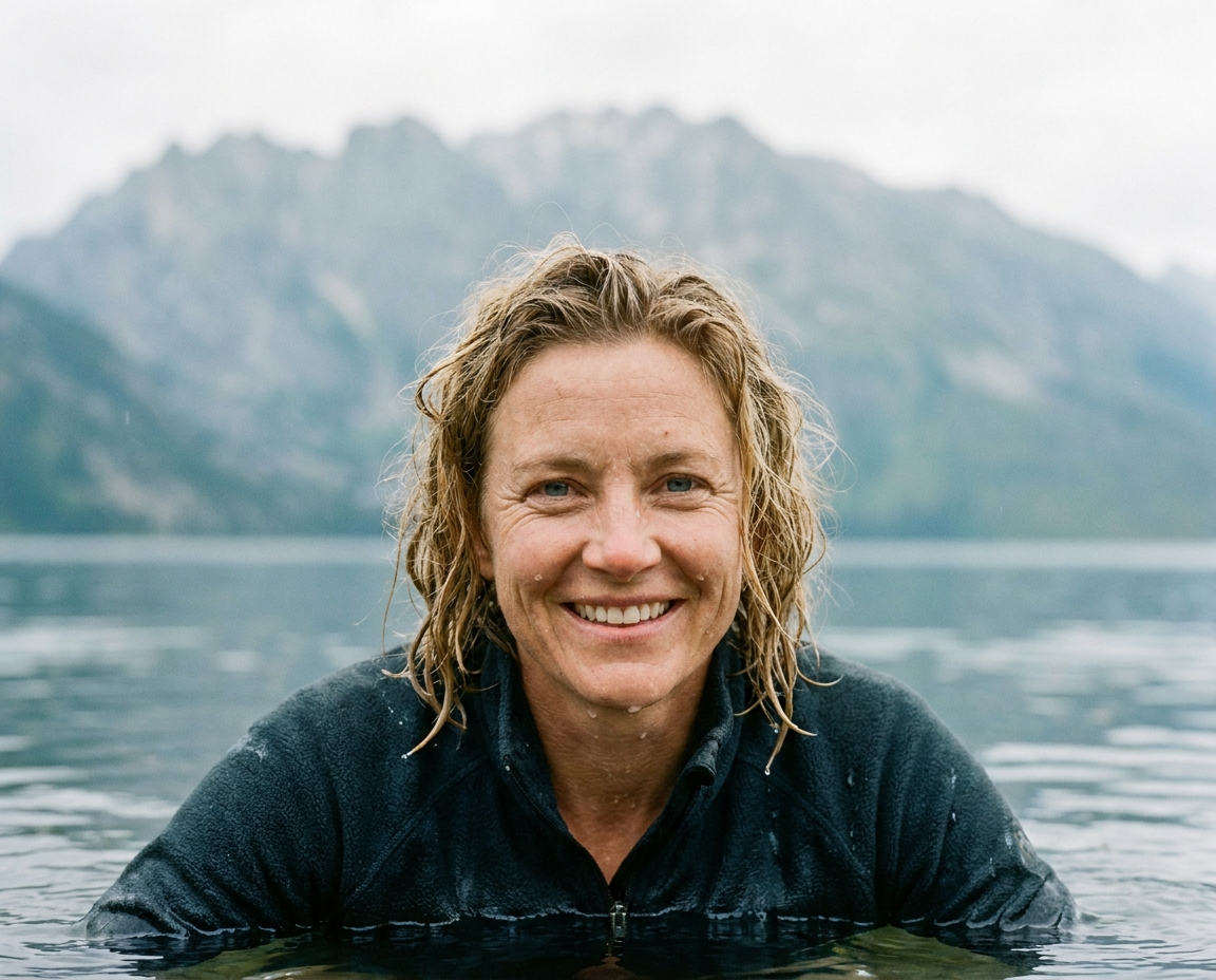 Close-up portrait of a woman in her mid-50s emerging from mountain lake water, eyes bright, water streaming down her face