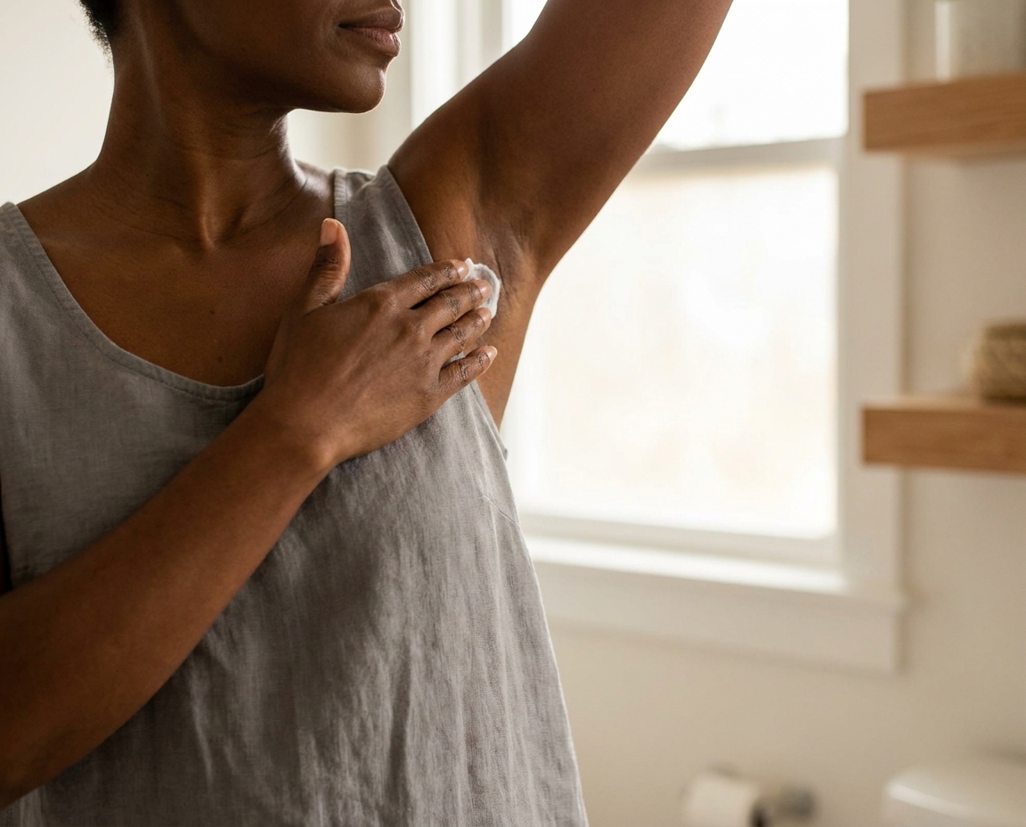 Woman applying natural deodorant to underarm in a bright bathroom, morning light