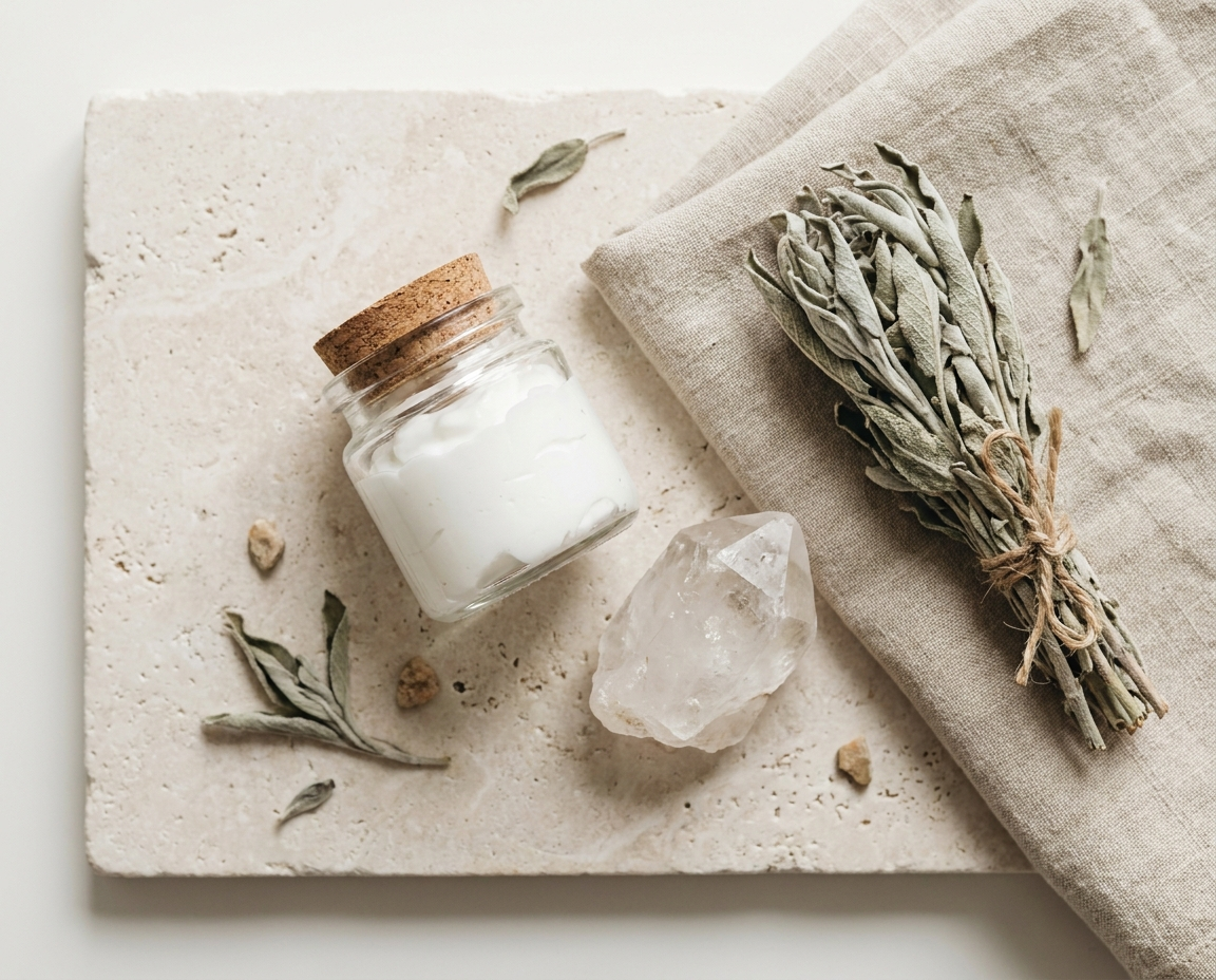 Flat lay of natural wellness items including a glass jar, crystal stone, dried sage, and linen cloth on pale stone