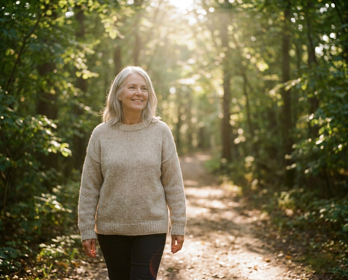 Woman in her early 60s with silver hair walking through a sun-lit forest, calm and unhurried