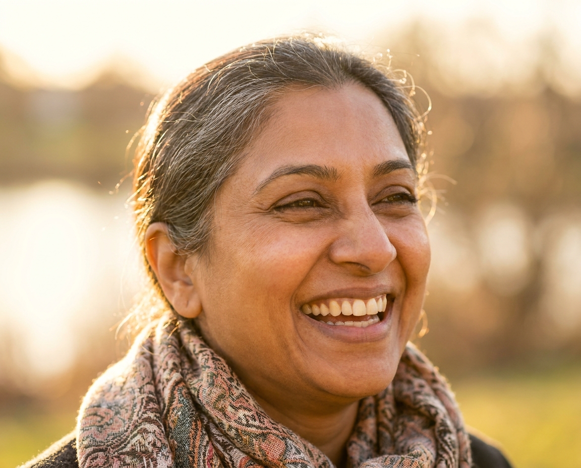 Portrait of a woman in her mid-50s laughing outdoors in warm golden-hour light