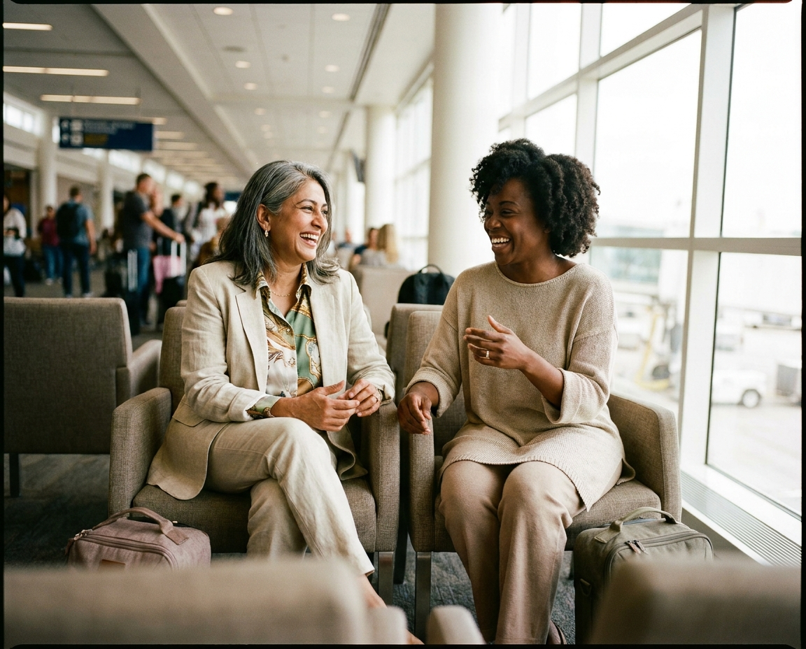 Two women laughing together at an airport gate, each with a single compact carry-on bag, dressed in elevated summer casual style