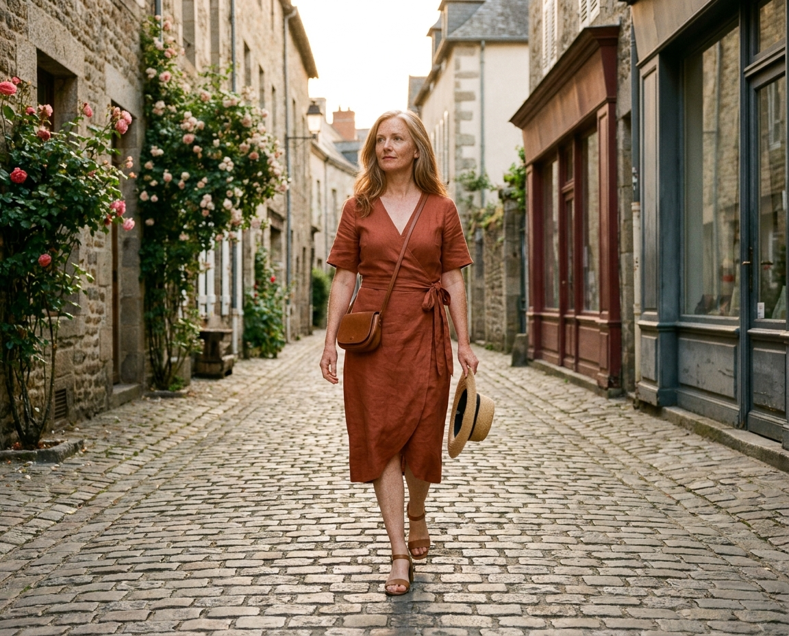 A woman in a terracotta linen dress walking on European cobblestones with a leather crossbody bag and straw hat