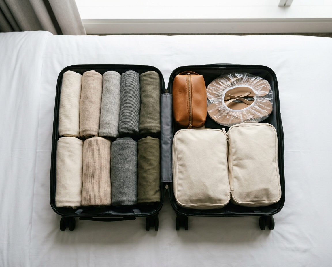 Overhead flat lay of an organized carry-on suitcase with rolled clothing, a toiletry pouch, and packing cubes on white hotel linen