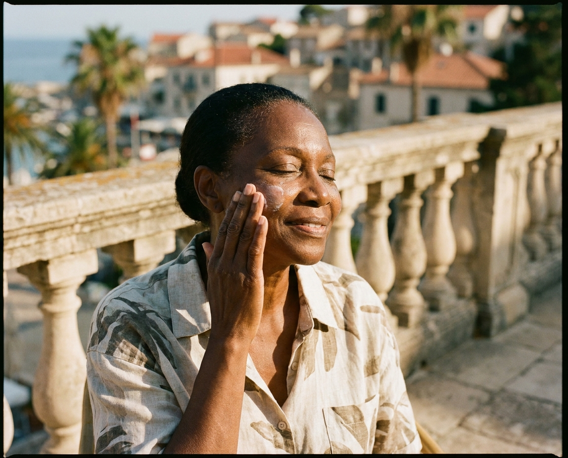 Close-up portrait of a woman in her early 60s applying sunscreen on a sun-filled terrace with a coastal town in the background