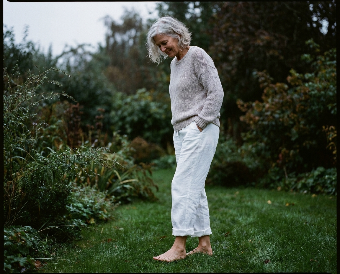 Woman in her 60s with silver hair, barefoot on wet grass in a garden after rain