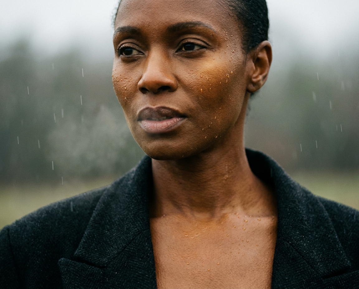 Close-up portrait of a woman with water droplets on her skin, calm gaze, rain in background