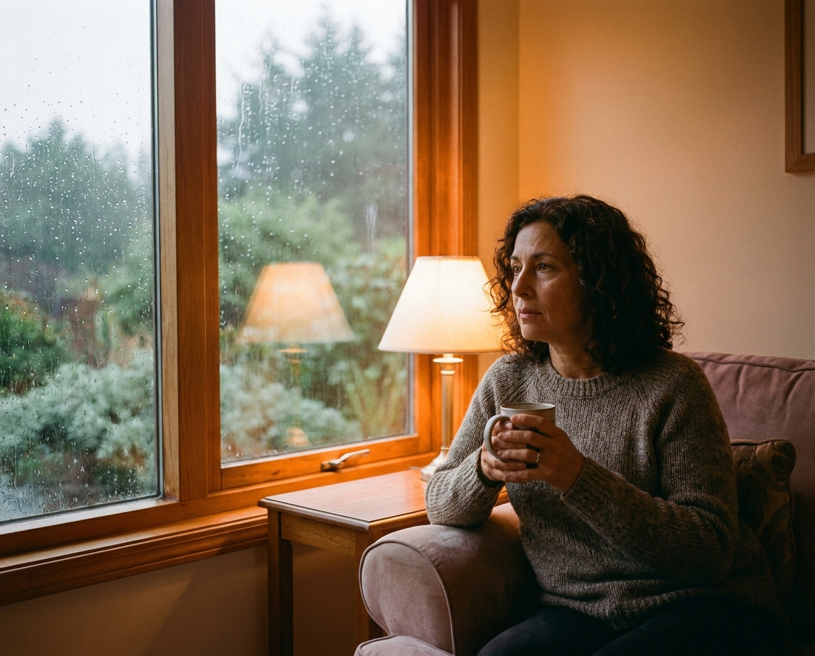 Woman sitting by a rain-streaked window with a ceramic mug, looking peacefully at the garden