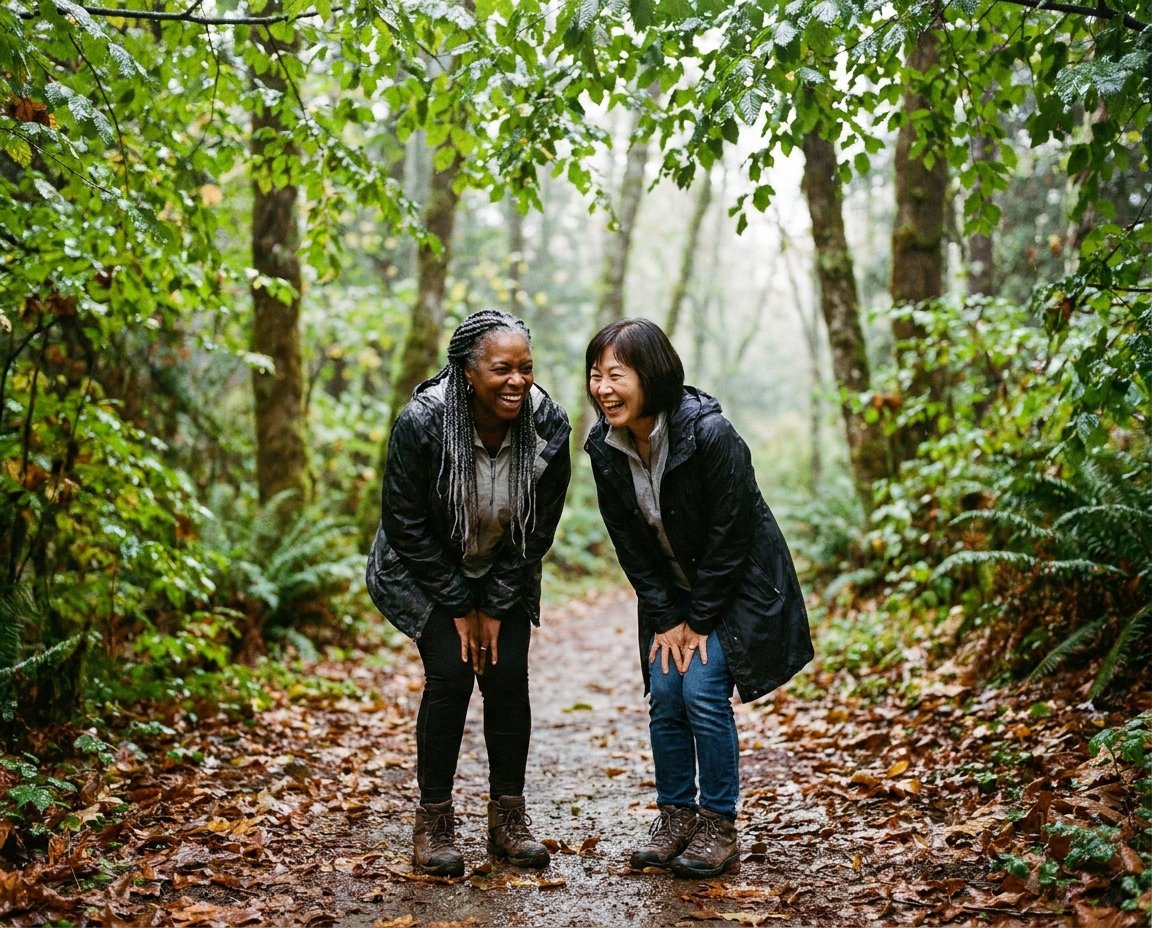 Two women in their 50s laughing together on a forest path after rain, surrounded by wet leaves