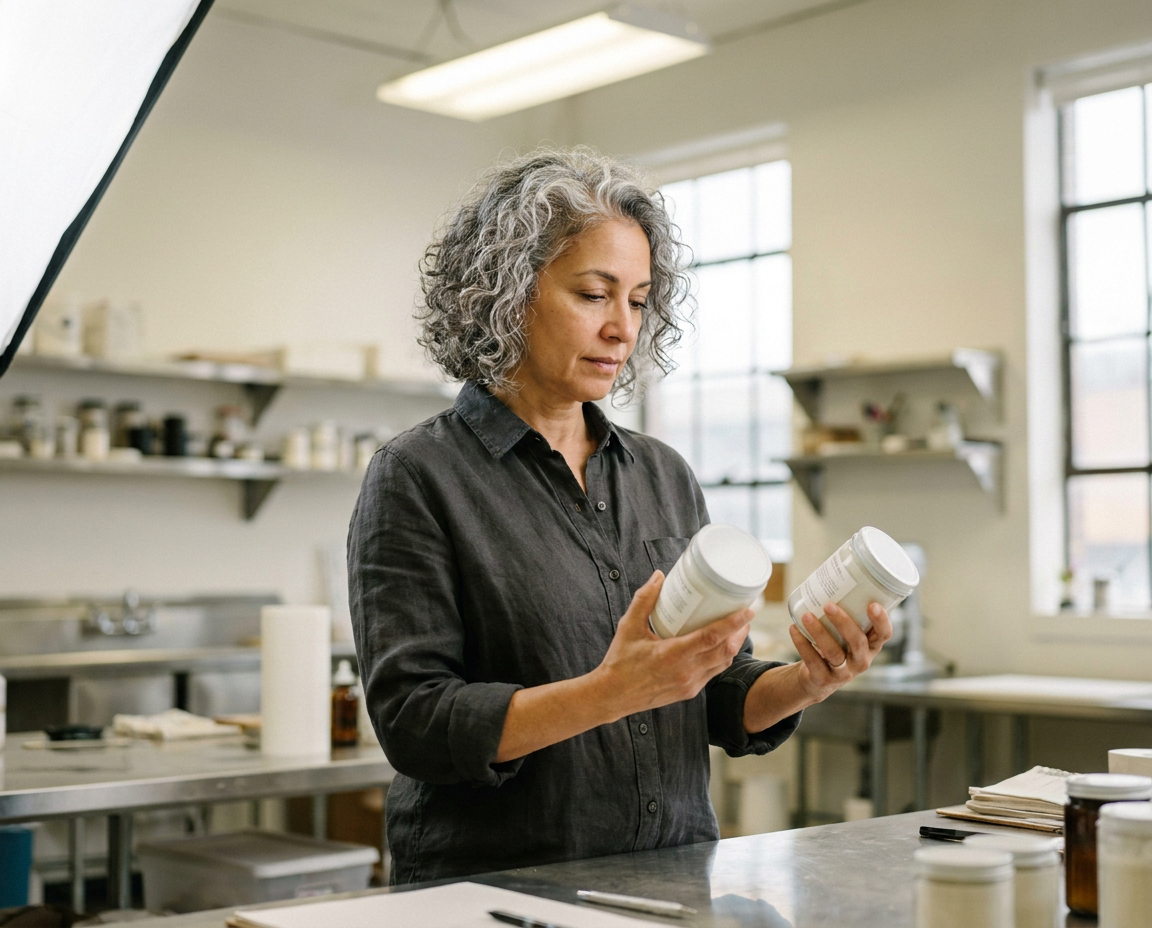 Woman in her 50s with silver hair comparing skincare jars at a laboratory workbench