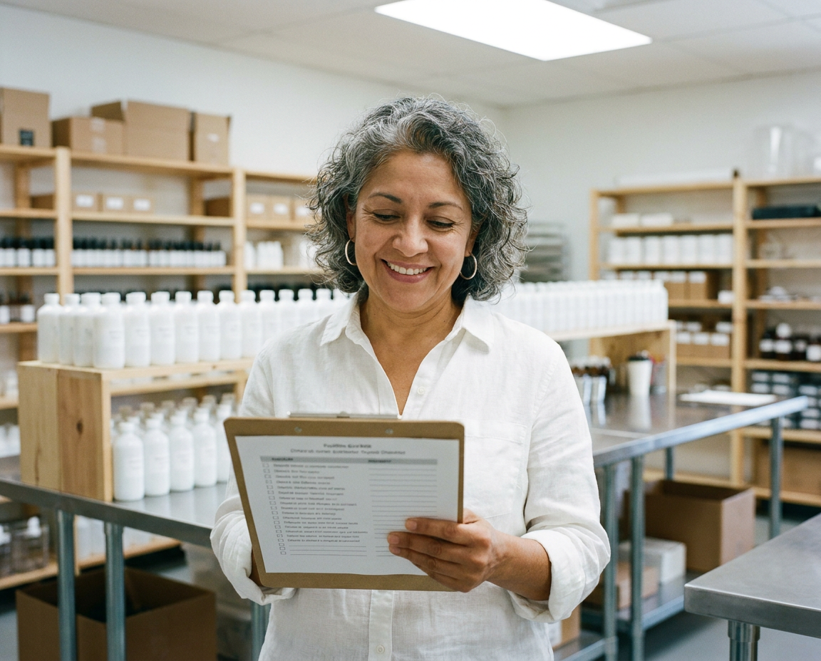 Latina woman reviewing a checklist clipboard in a small-batch skincare production space