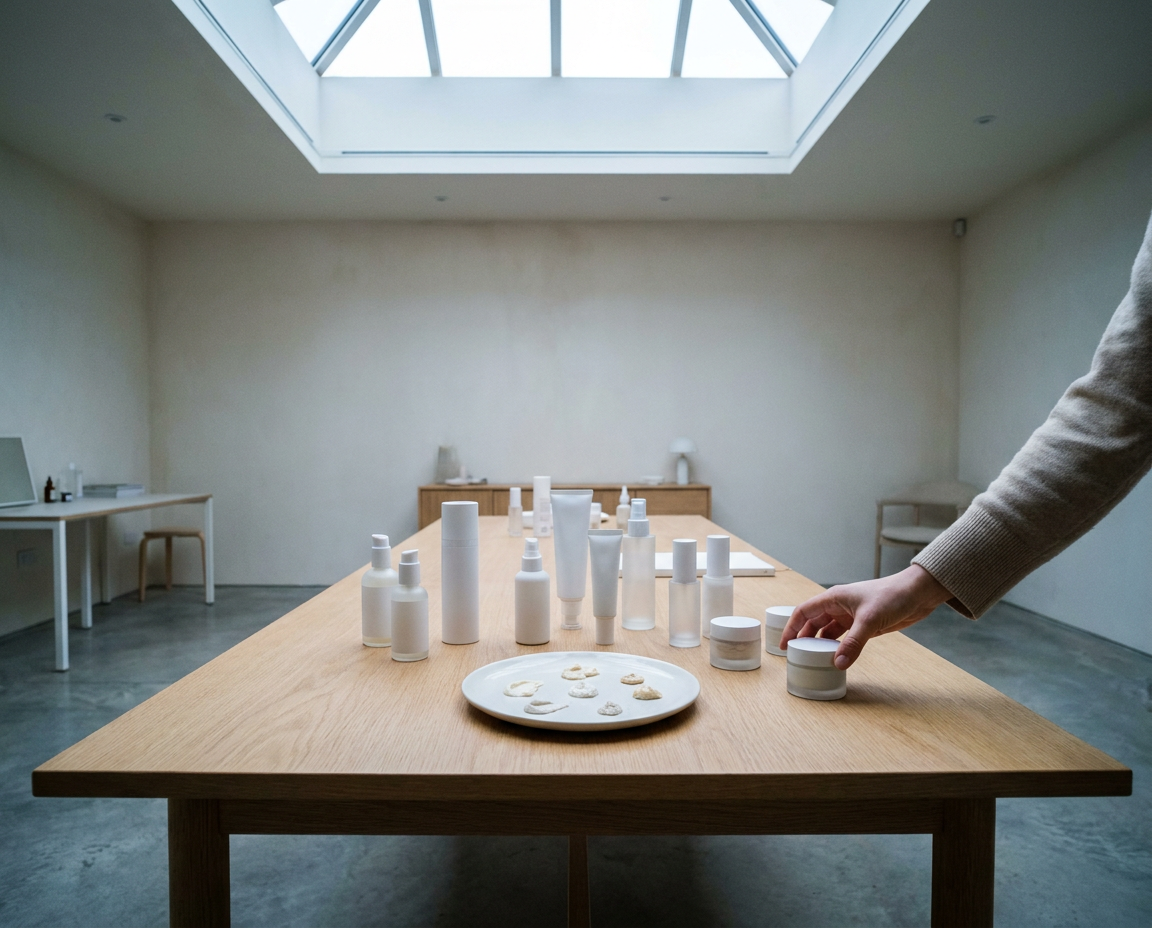 Minimal product development studio with unlabeled skincare packaging and a hand reaching in to select a jar