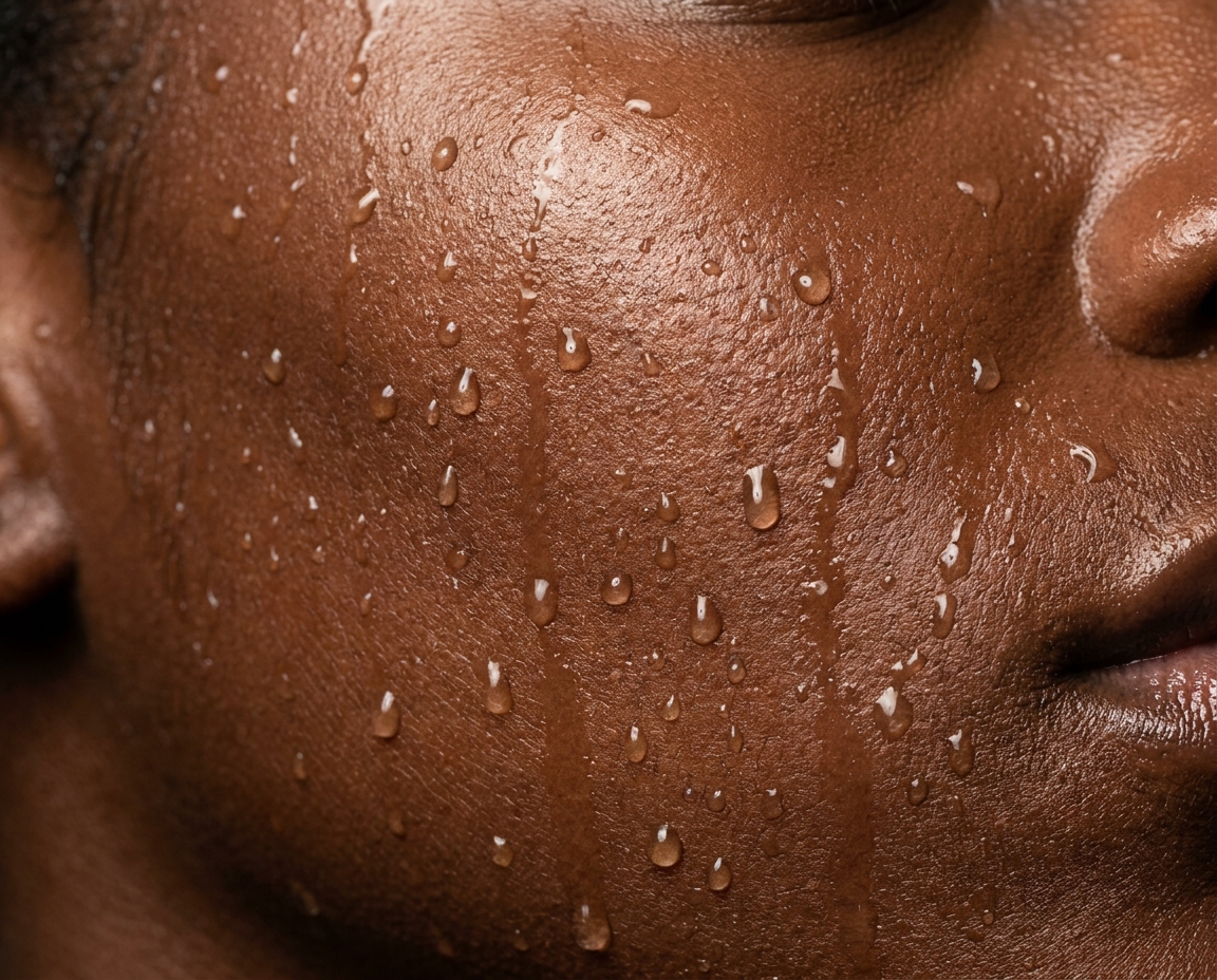 Extreme close-up of water droplets on the glowing deep brown skin of a woman's cheek and jaw