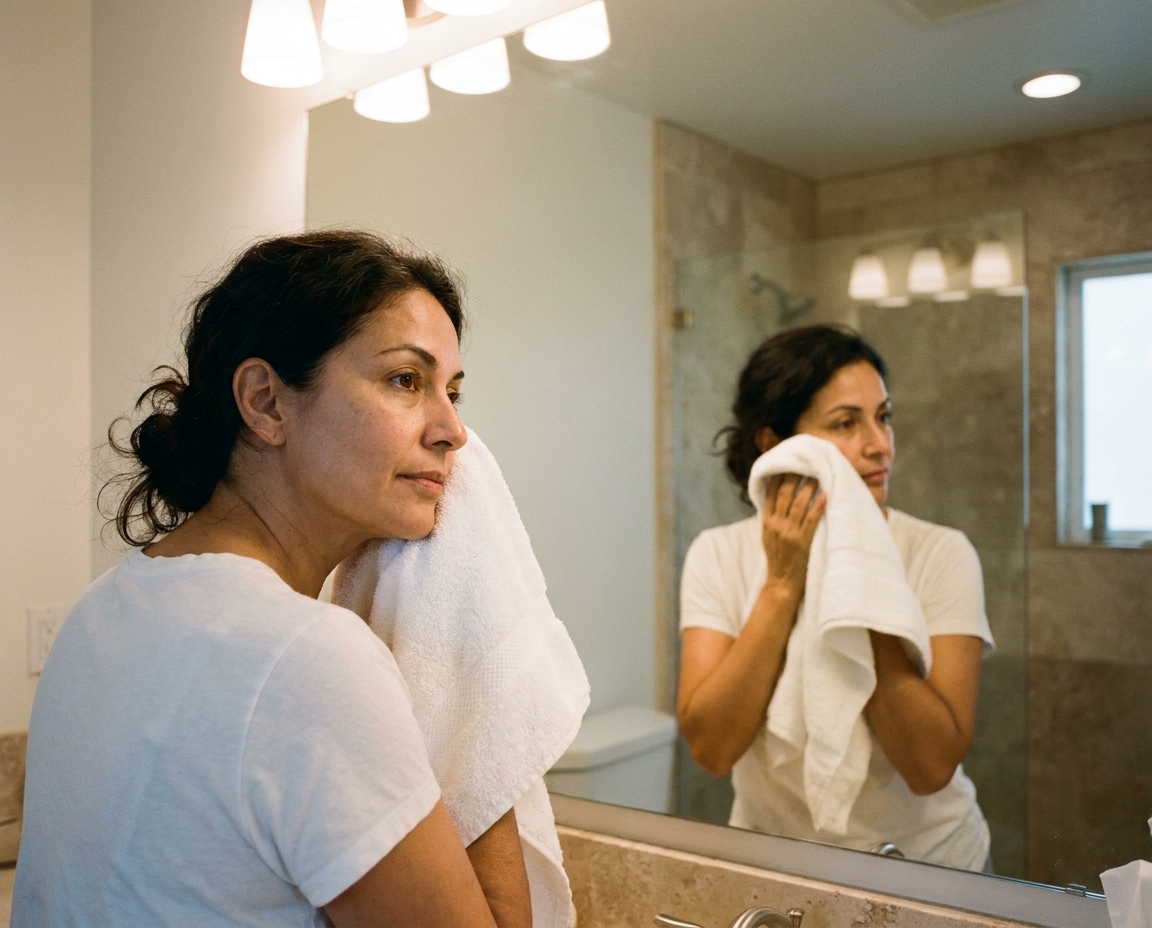 Woman in her late 40s with olive skin patting her face dry with a white towel at a vanity mirror