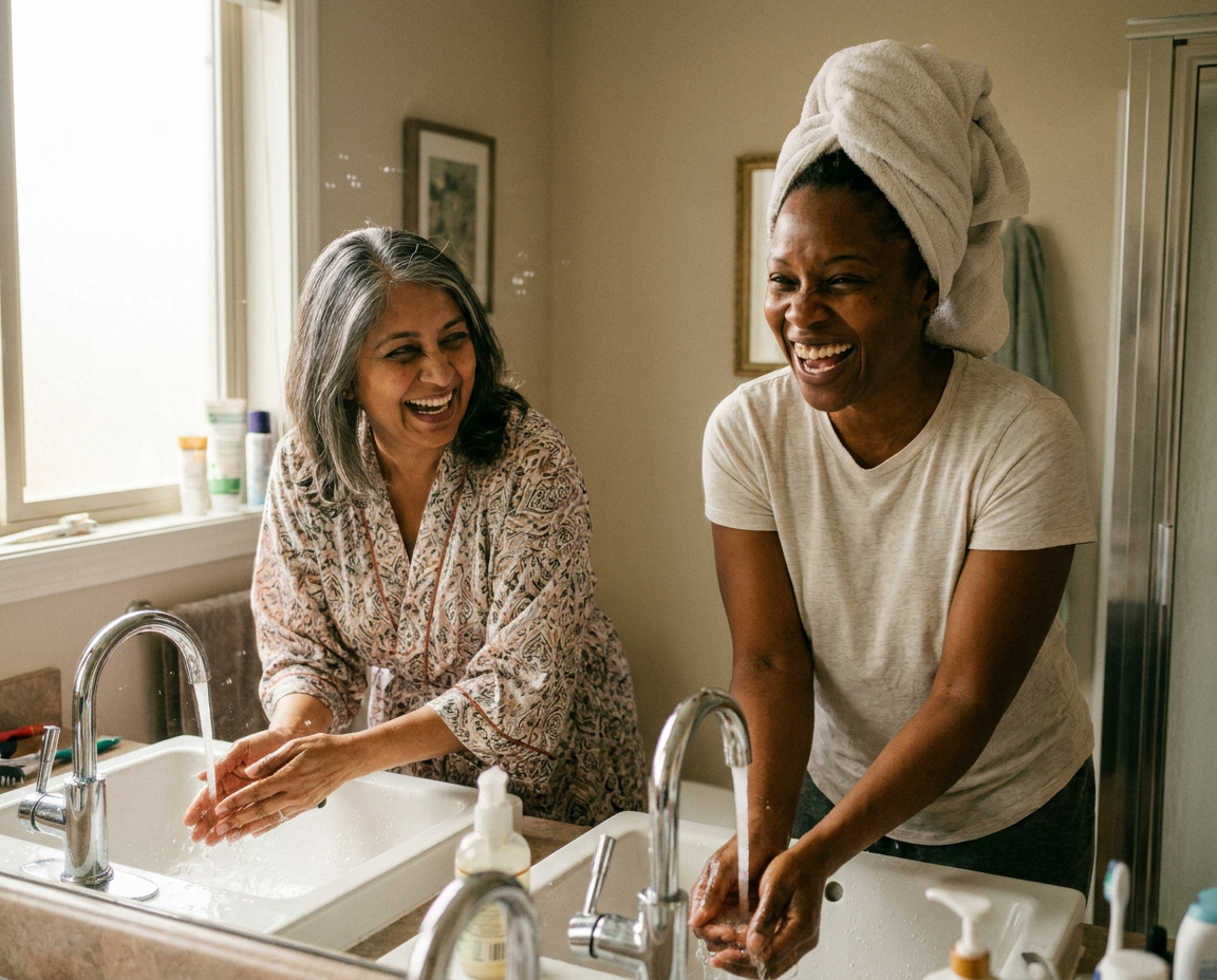 Two women - one South Asian in her 50s and one Black in her 40s - laughing together at adjacent bathroom sinks while rinsing their faces