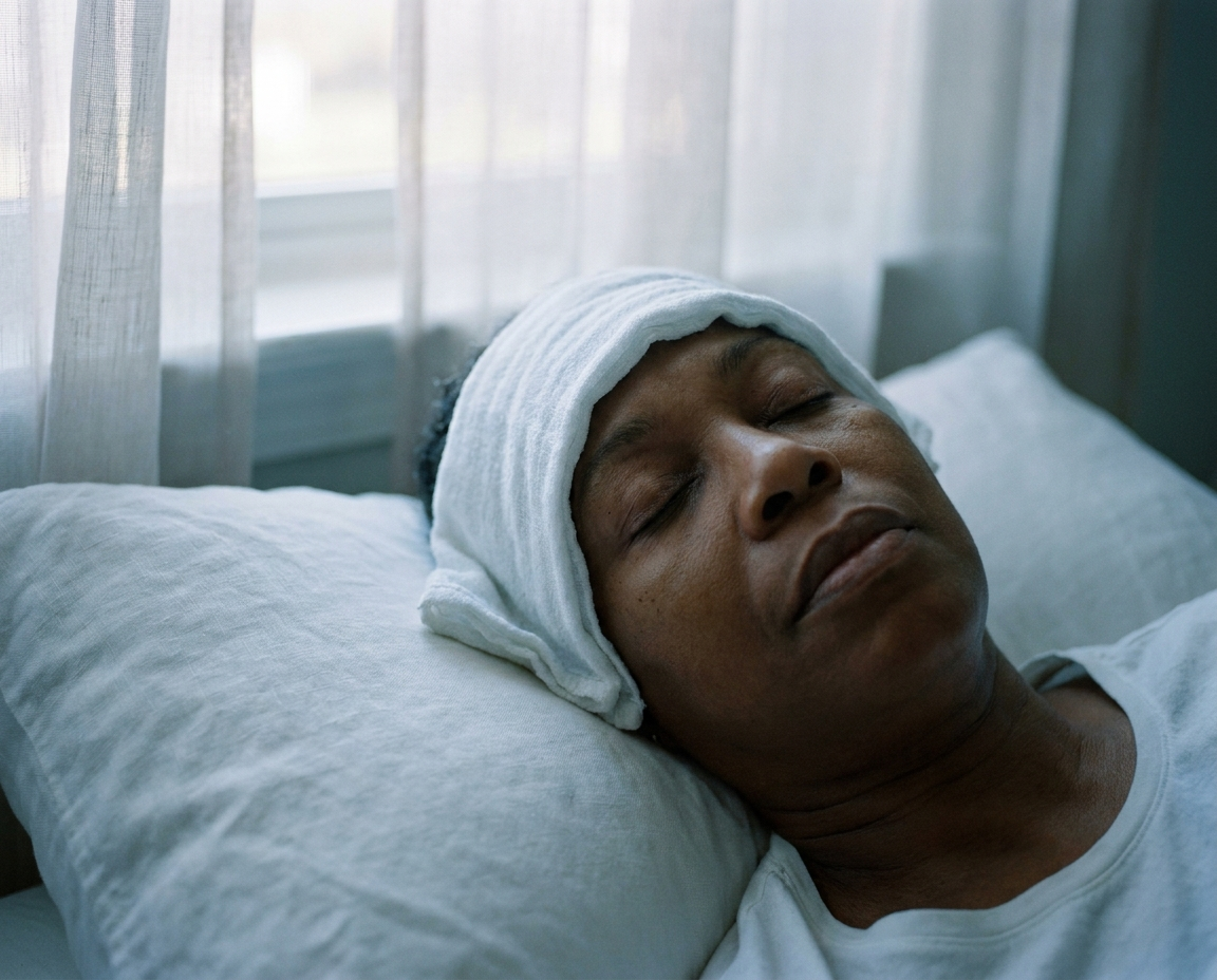 Black woman in her early 60s resting peacefully with a cool cloth across her face