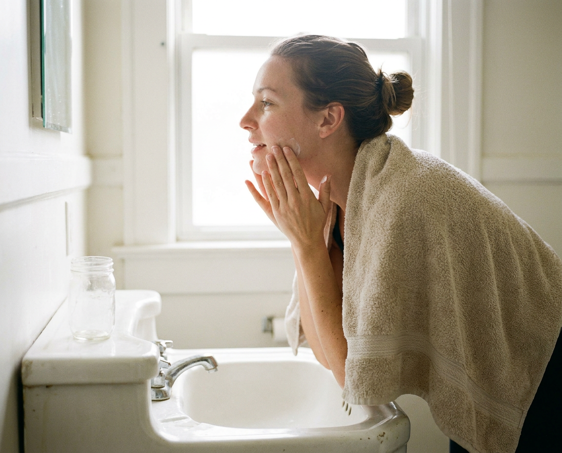 White woman in her late 40s patting moisturizer into her jaw at a white ceramic sink