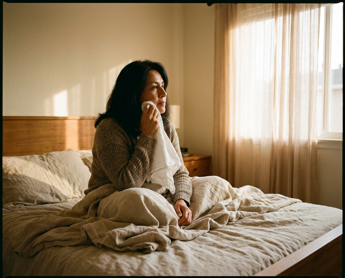 Latina woman in her mid-50s sitting calmly on a bed in morning light with a cool cloth