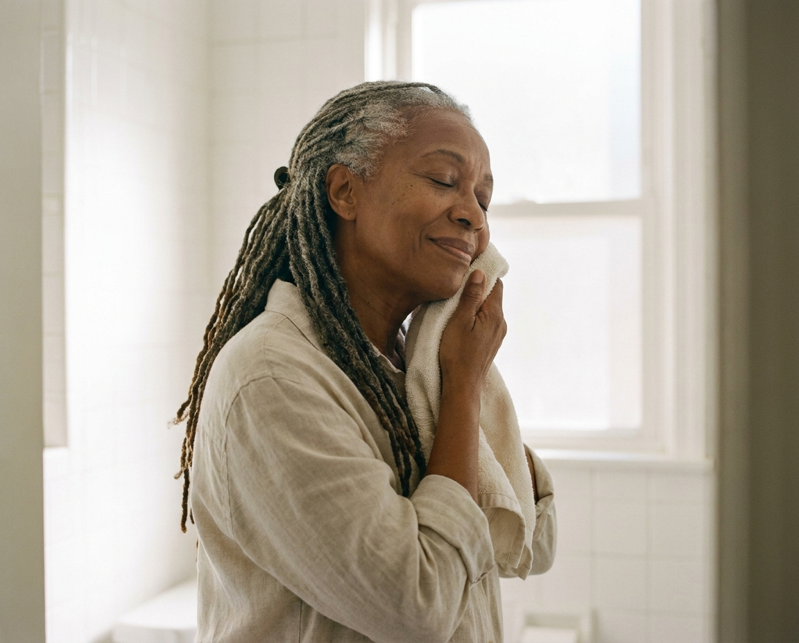 Older Black woman with natural gray locs patting her skin gently after cleansing in a bright bathroom