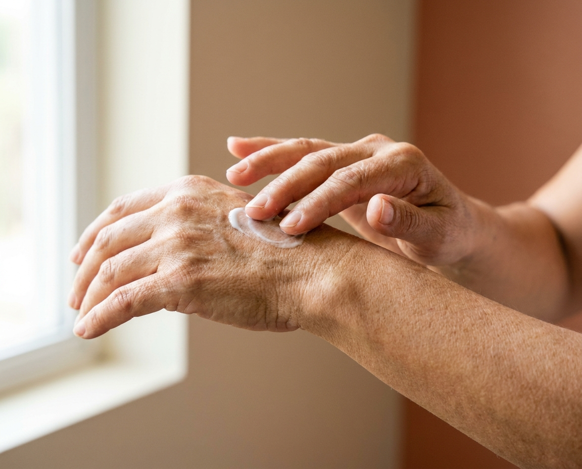 Close-up of a woman's forearm with mid-toned Latina complexion applying ceramide cream with fingertips in natural light