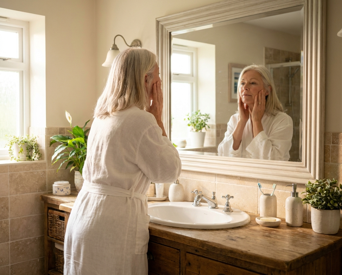 White woman in her early 60s in a robe at a bathroom vanity, hands raised gently to her cheeks, looking in the mirror