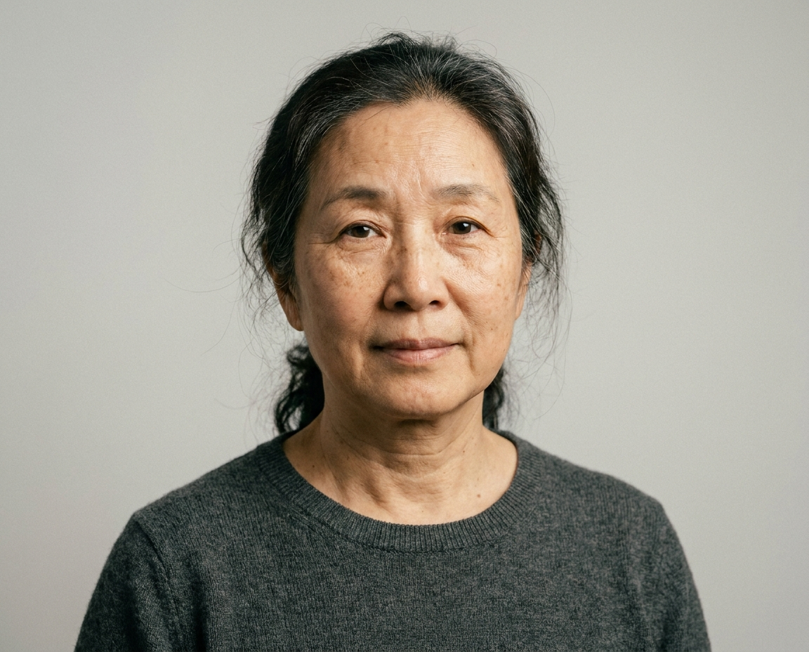 Close-up portrait of an East Asian woman in her late 50s, no makeup, natural skin texture visible, calm expression against a soft studio background